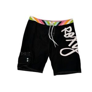 Roxy Long Bermuda Board Shorts Black with Pink Cursive Logo SZ 7 Vintage Y2K
